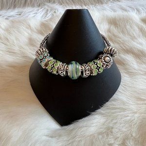 BLue Green Glass Stripe Rhinestone Slide Charm Bracelet Silver‎ Tone Metal 11271
